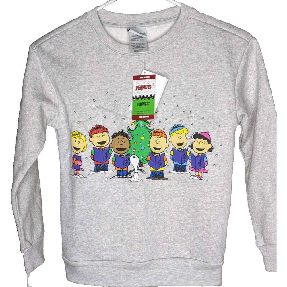 NEW Peanuts Kids Boys Girls Sweatshirt Sz 8 Medium Grey BLINKING LIGHTS Read